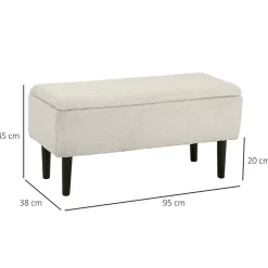 Banc coffre de rangement 2 en 1 dim. 95L x 38l x 45H cm piètement bois noir tissu blanc cassé