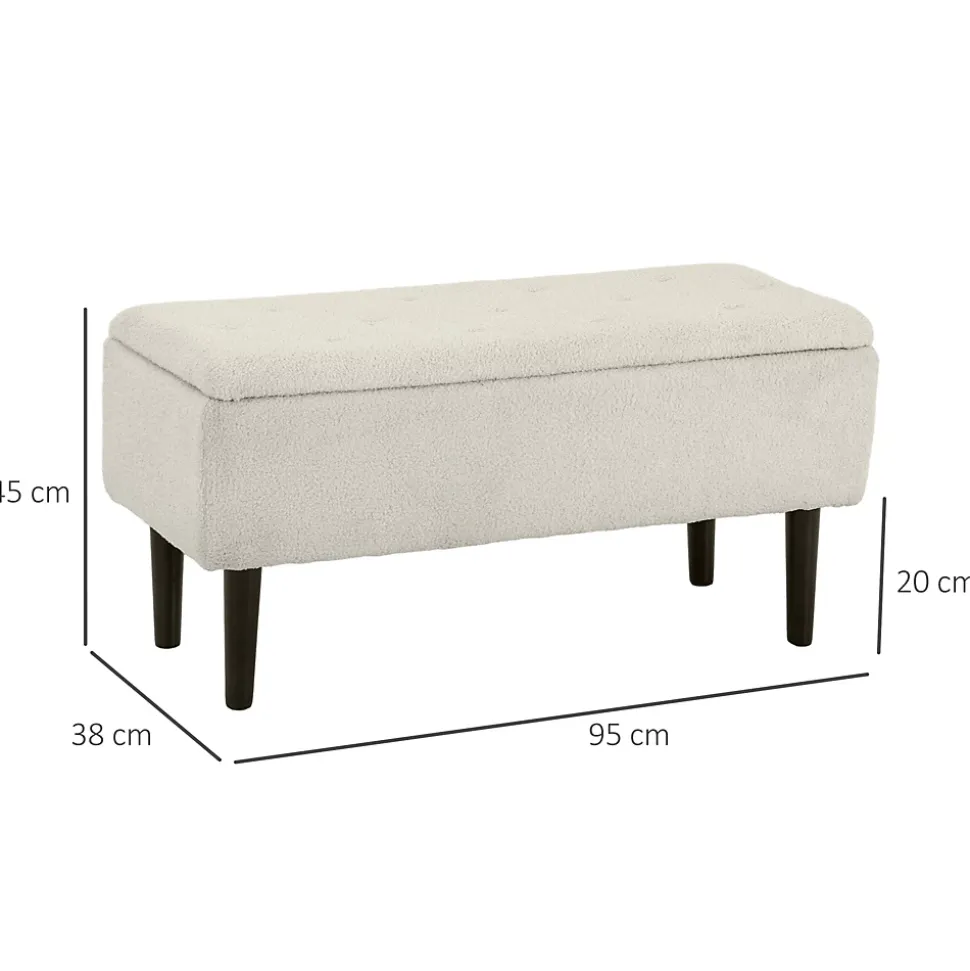 Banc coffre de rangement 2 en 1 dim. 95L x 38l x 45H cm piètement bois noir tissu blanc cassé