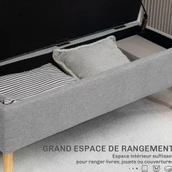 Banc coffre de rangement style scandinave piètement éffilé incliné bois hévéa tissu gris