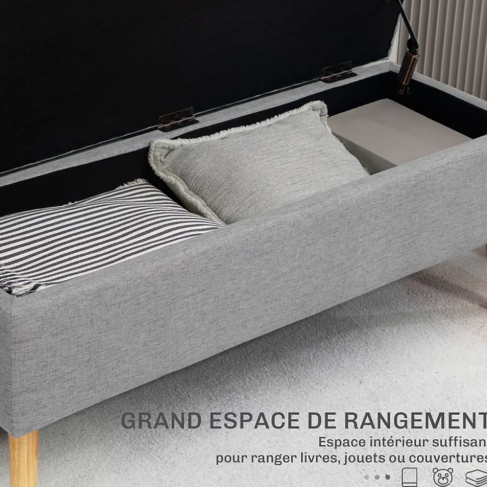 Banc coffre de rangement style scandinave piètement éffilé incliné bois hévéa tissu gris