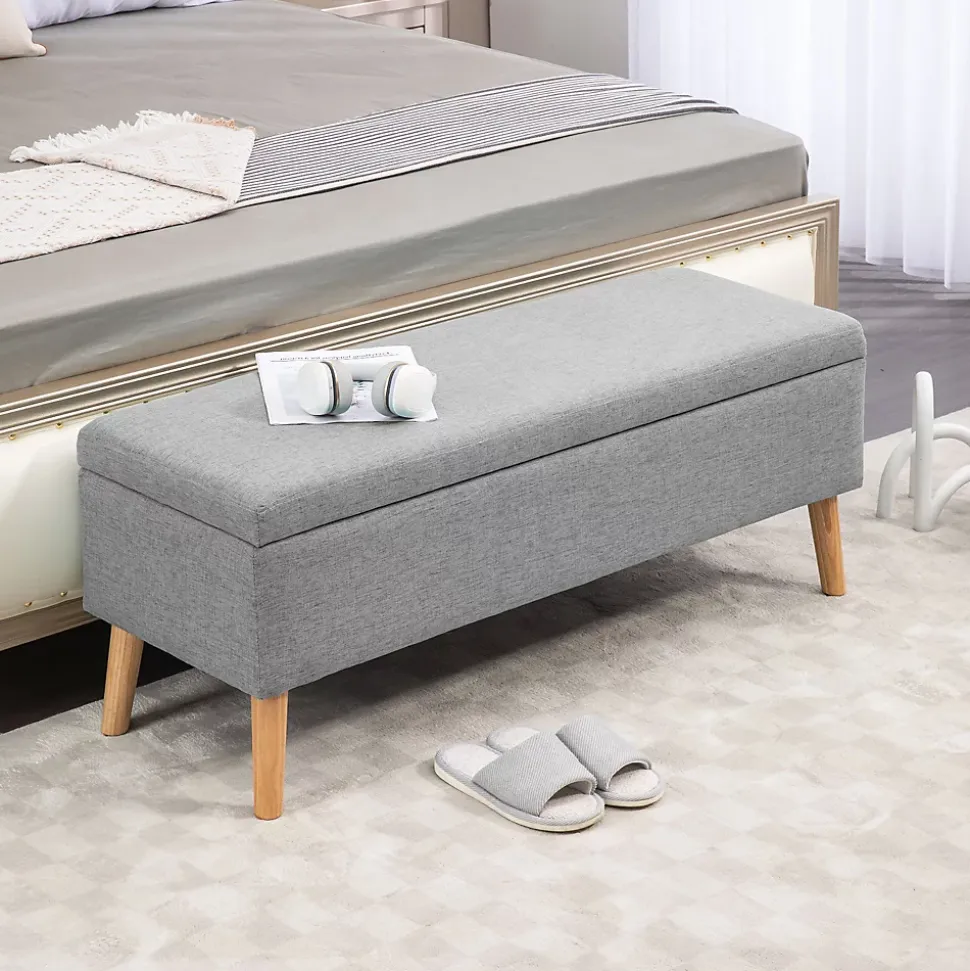 Banc coffre de rangement style scandinave piètement éffilé incliné bois hévéa tissu gris