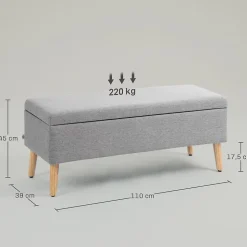 Banc coffre de rangement style scandinave piètement éffilé incliné bois hévéa tissu gris