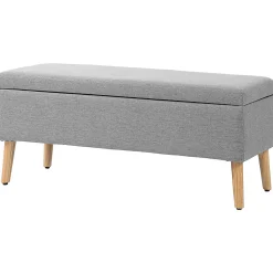 Banc coffre de rangement style scandinave piètement éffilé incliné bois hévéa tissu gris