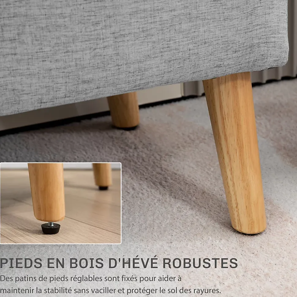 Banc coffre de rangement style scandinave piètement éffilé incliné bois hévéa tissu gris