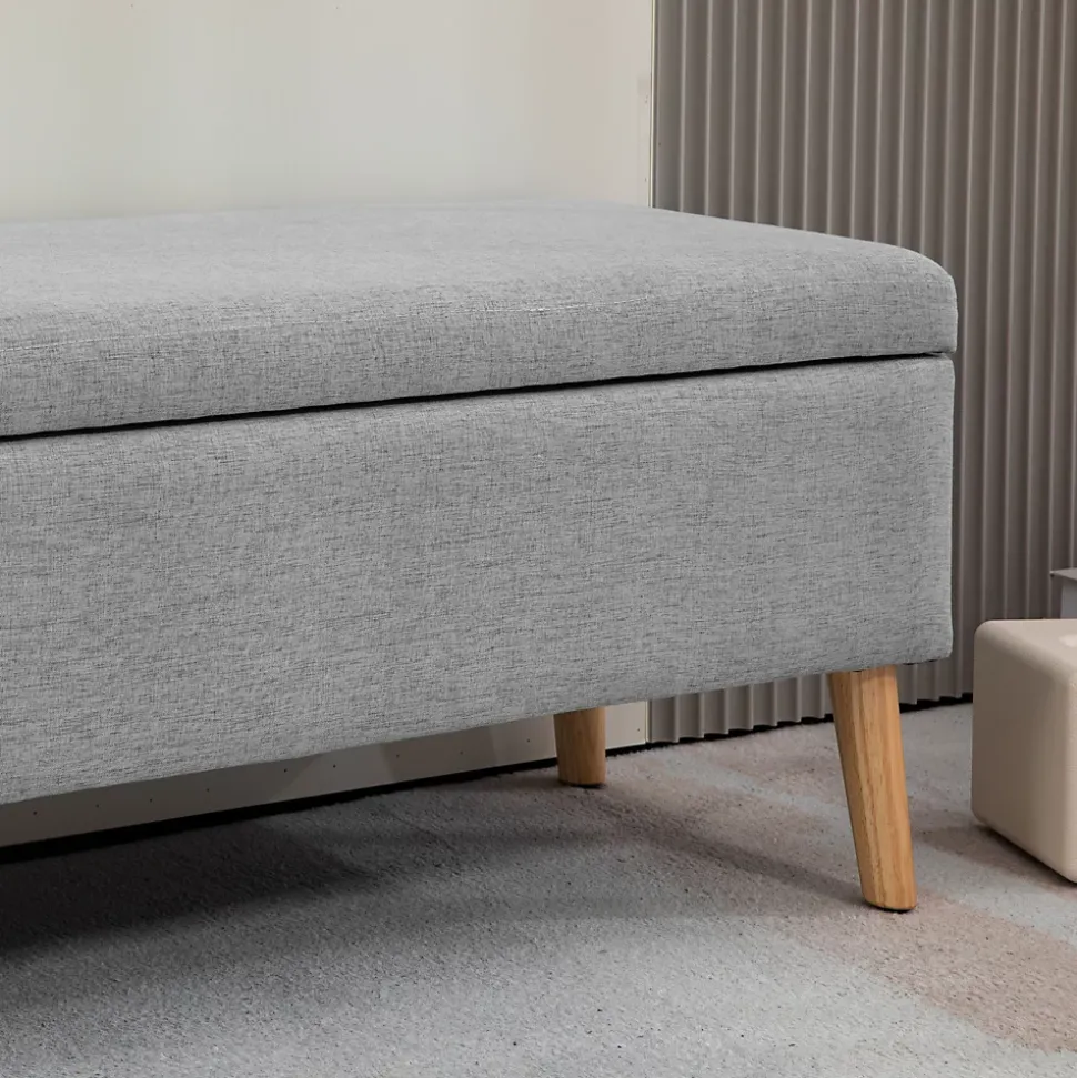 Banc coffre de rangement style scandinave piètement éffilé incliné bois hévéa tissu gris