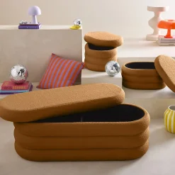 Banc coffre en bouclettes rouille avec 2 poufs ovales de rangement intégrés - L111cm