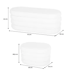 Banc coffre en bouclettes taupe avec 2 poufs ovales de rangement intégrés - L111cm
