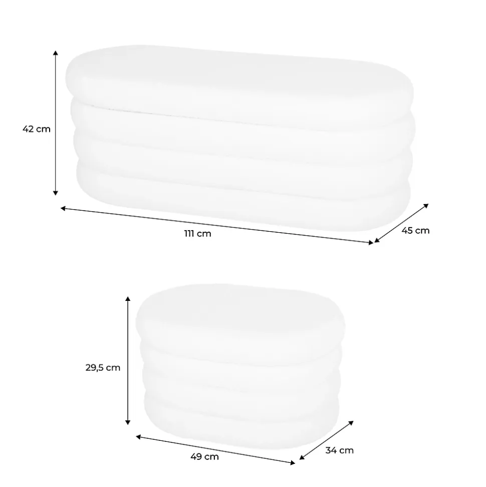Banc coffre en bouclettes taupe avec 2 poufs ovales de rangement intégrés - L111cm