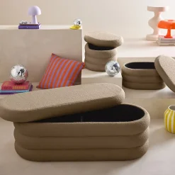 Banc coffre en bouclettes taupe avec 2 poufs ovales de rangement intégrés - L111cm