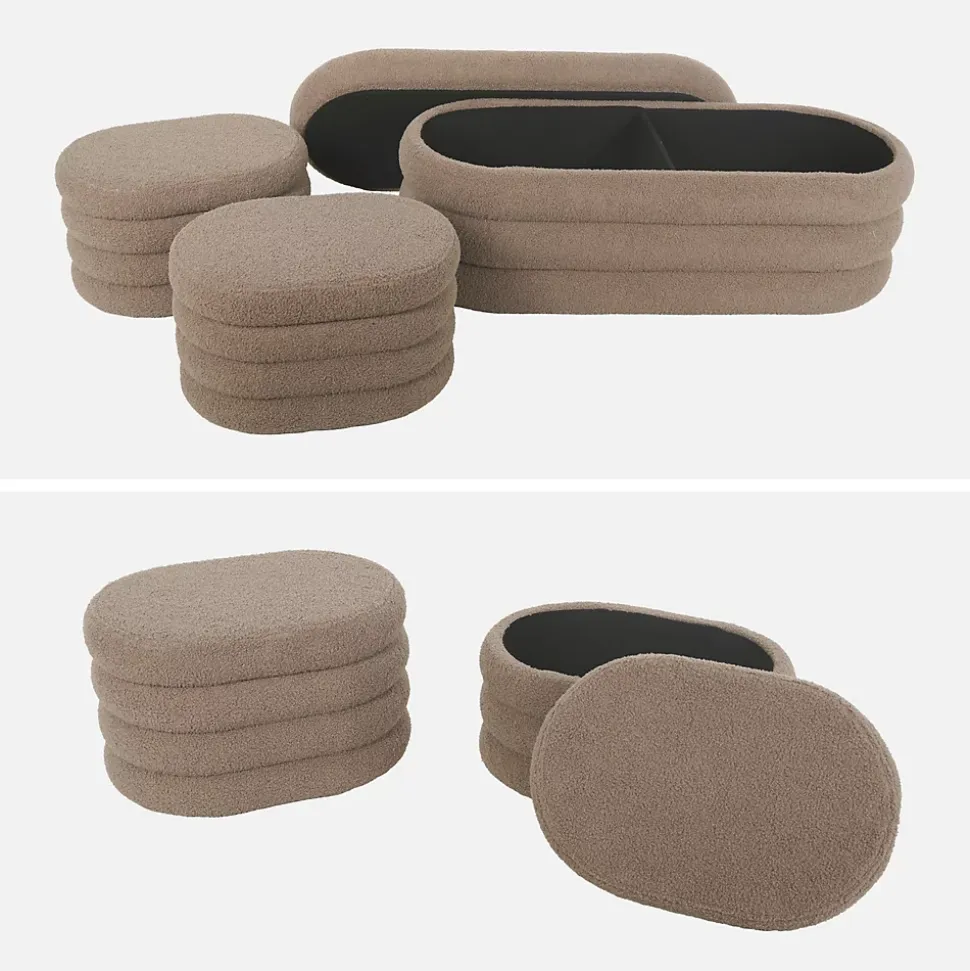Banc coffre en bouclettes taupe avec 2 poufs ovales de rangement intégrés - L111cm
