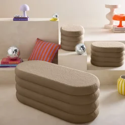 Banc coffre en bouclettes taupe avec 2 poufs ovales de rangement intégrés - L111cm