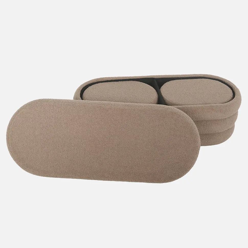 Banc coffre en bouclettes taupe avec 2 poufs ovales de rangement intégrés - L111cm
