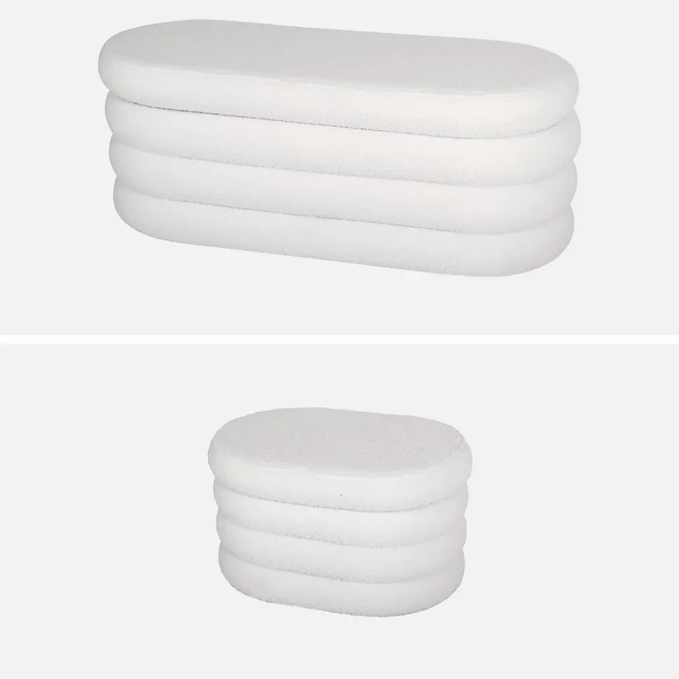 Banc coffre en bouclettes blanches avec 2 poufs ovales de rangement intégrés - L111cm