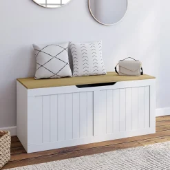 Banc coffre rangement 100 cm LEON bois et blanc