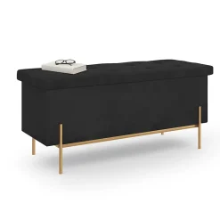 Banc coffre rangement LOUIS pieds métal doré 100 cm velours noir