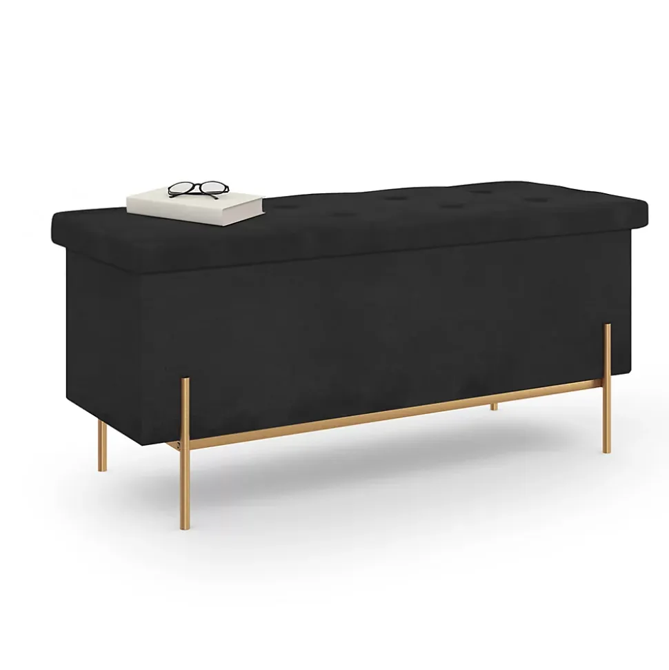 Banc coffre rangement LOUIS pieds métal doré 100 cm velours noir
