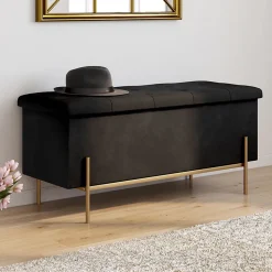 Banc coffre rangement LOUIS pieds métal doré 100 cm velours noir
