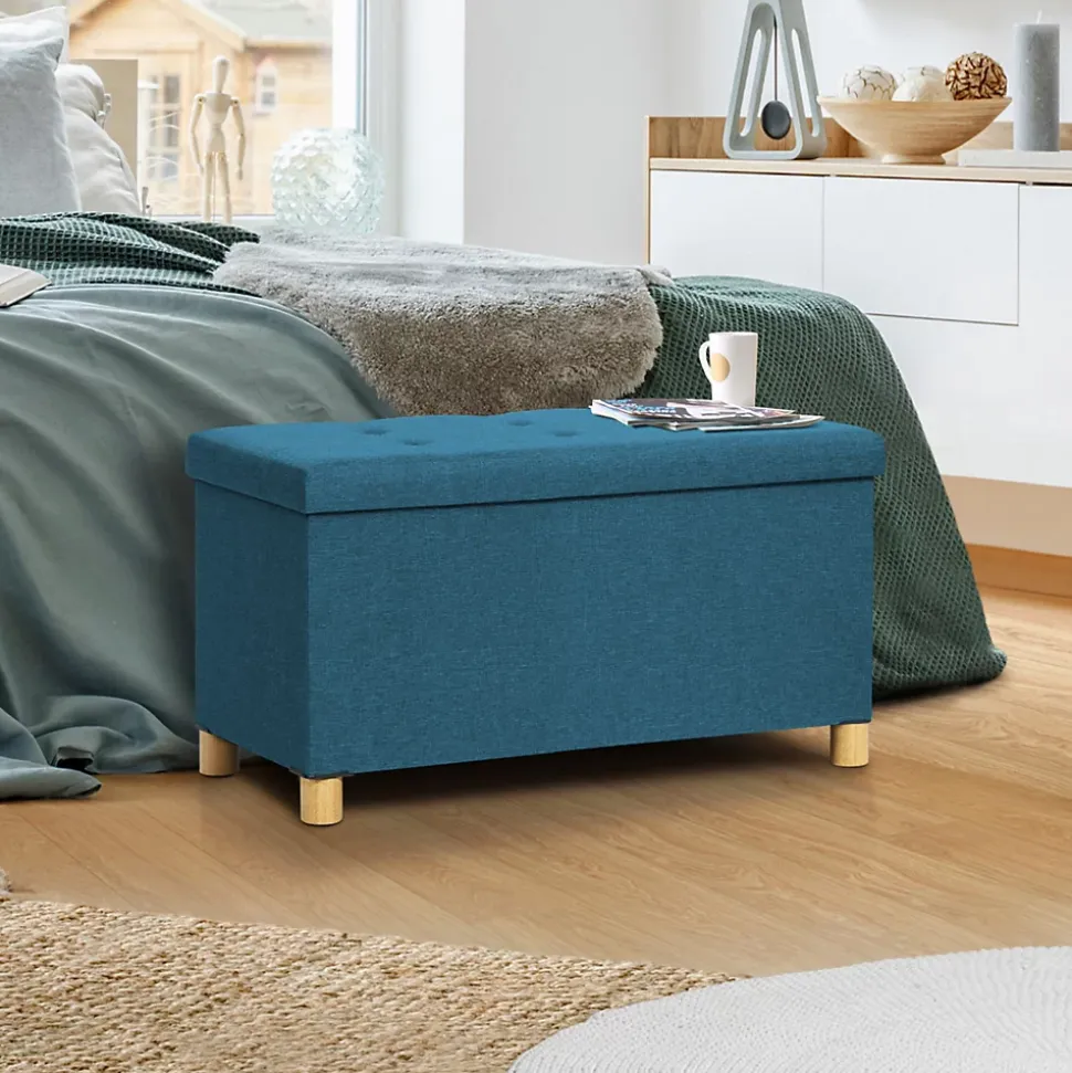 Banc coffre rangement sur pieds 76 cm tissu bleu canard