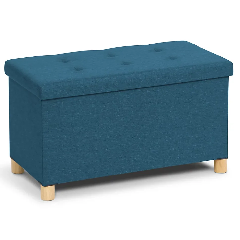 Banc coffre rangement sur pieds 76 cm tissu bleu canard