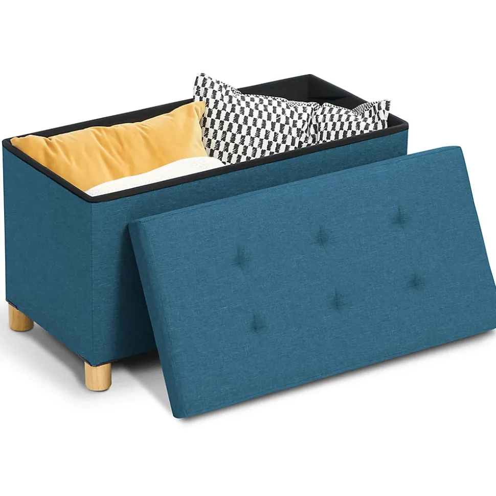 Banc coffre rangement sur pieds 76 cm tissu bleu canard