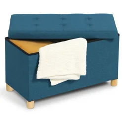 Banc coffre rangement sur pieds 76 cm tissu bleu canard