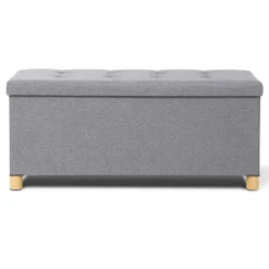 Banc coffre rangement sur pied 100 cm tissu gris clair