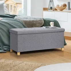 Banc coffre rangement sur pied 100 cm tissu gris clair