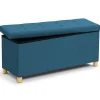 Banc coffre rangement sur pied 100 cm tissu bleu canard