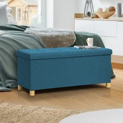 Banc coffre rangement sur pied 100 cm tissu bleu canard