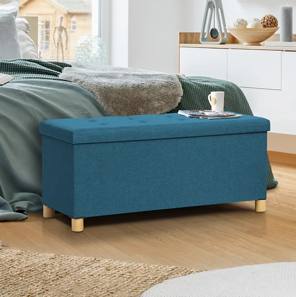Banc coffre rangement sur pied 100 cm tissu bleu canard