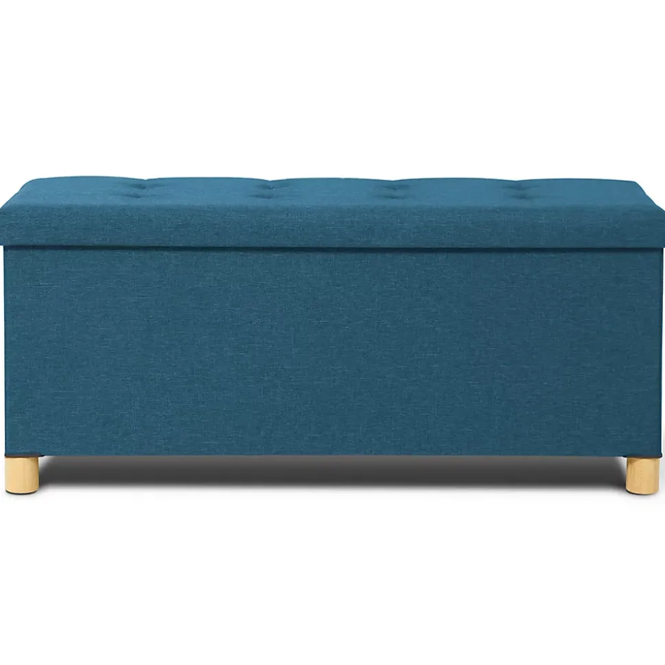 Banc coffre rangement sur pied 100 cm tissu bleu canard