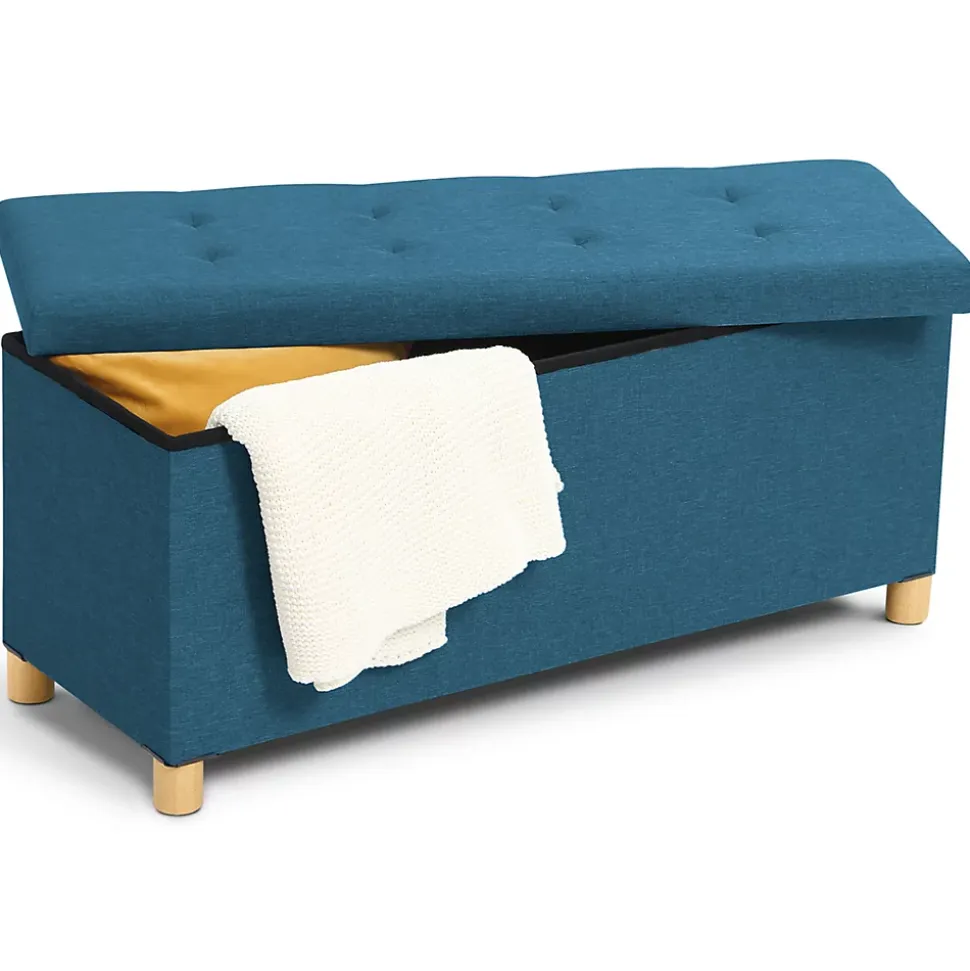 Banc coffre rangement sur pied 100 cm tissu bleu canard