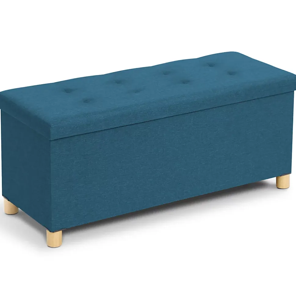 Banc coffre rangement sur pied 100 cm tissu bleu canard