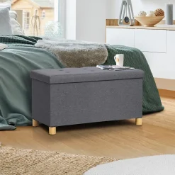 Banc coffre rangement sur pied 76 cm tissu gris anthracite