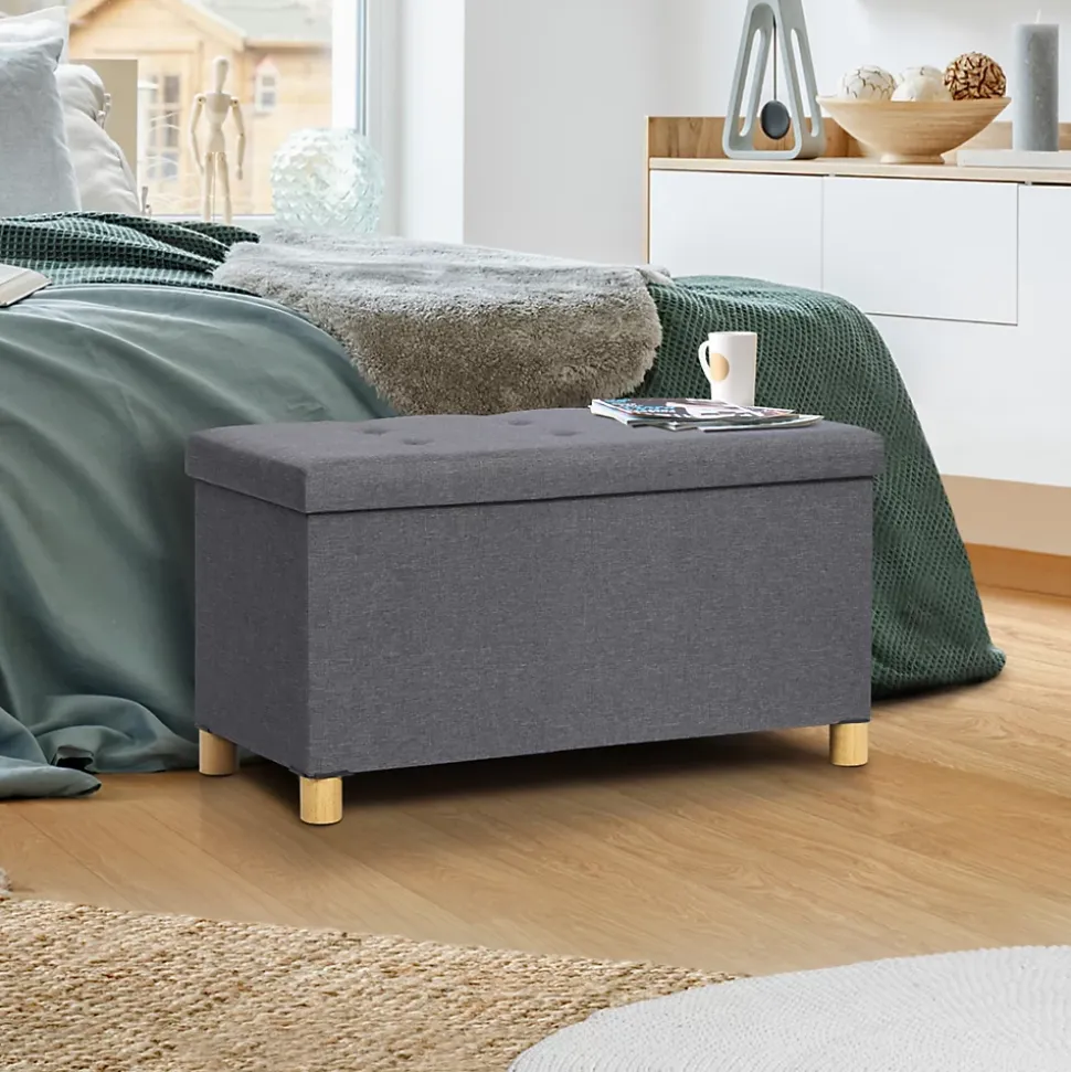 Banc coffre rangement sur pied 76 cm tissu gris anthracite
