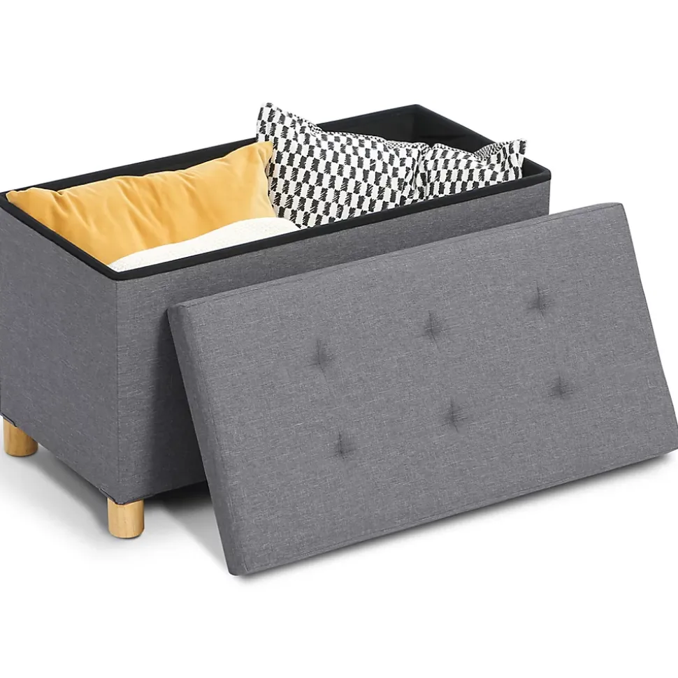Banc coffre rangement sur pied 76 cm tissu gris anthracite