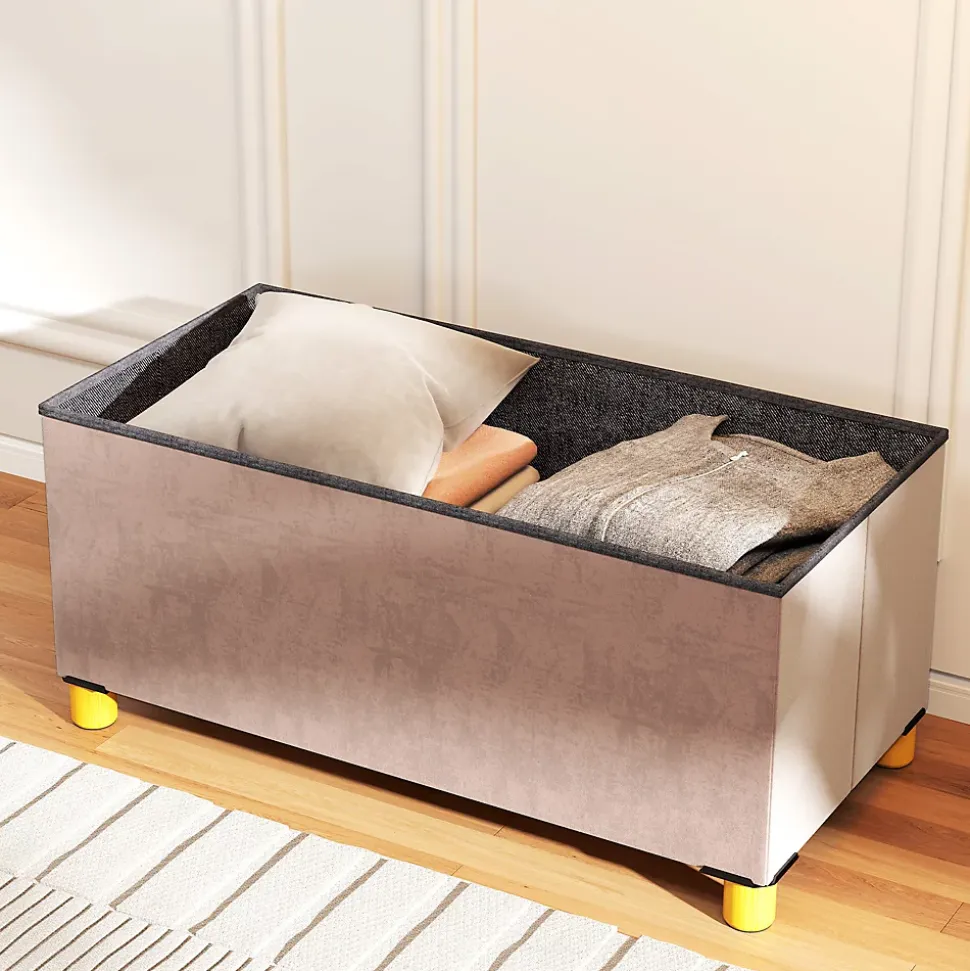 Banc coffre style Chesterfield effet capitonné dim. 76L x 38l x 38H cm piètement bois velours vieux rose