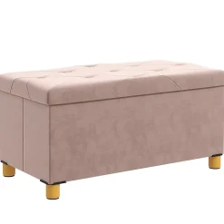 Banc coffre style Chesterfield effet capitonné dim. 76L x 38l x 38H cm piètement bois velours vieux rose