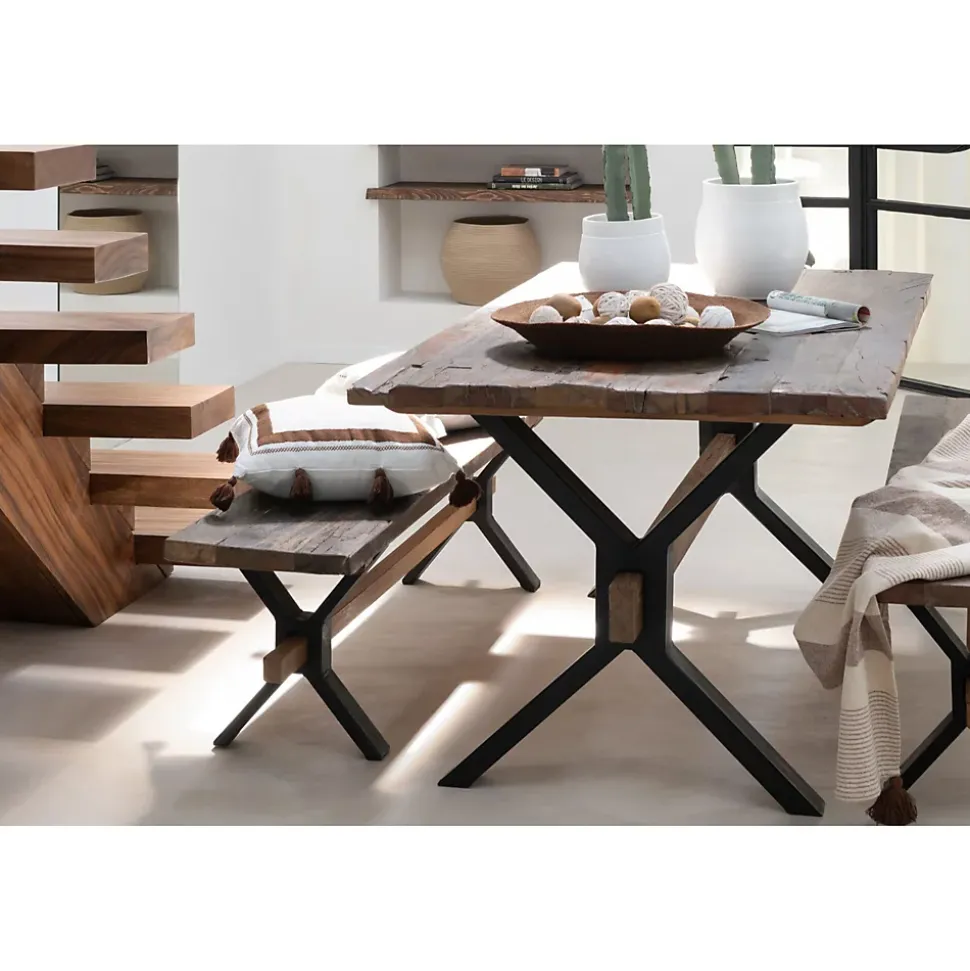 Banc de ferme industriel en bois et pieds croisés métal L180 - MARIE