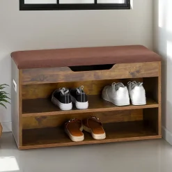 Banc de rangement à chaussures ISAAC avec coffre, en bois - Coloris old style et brun