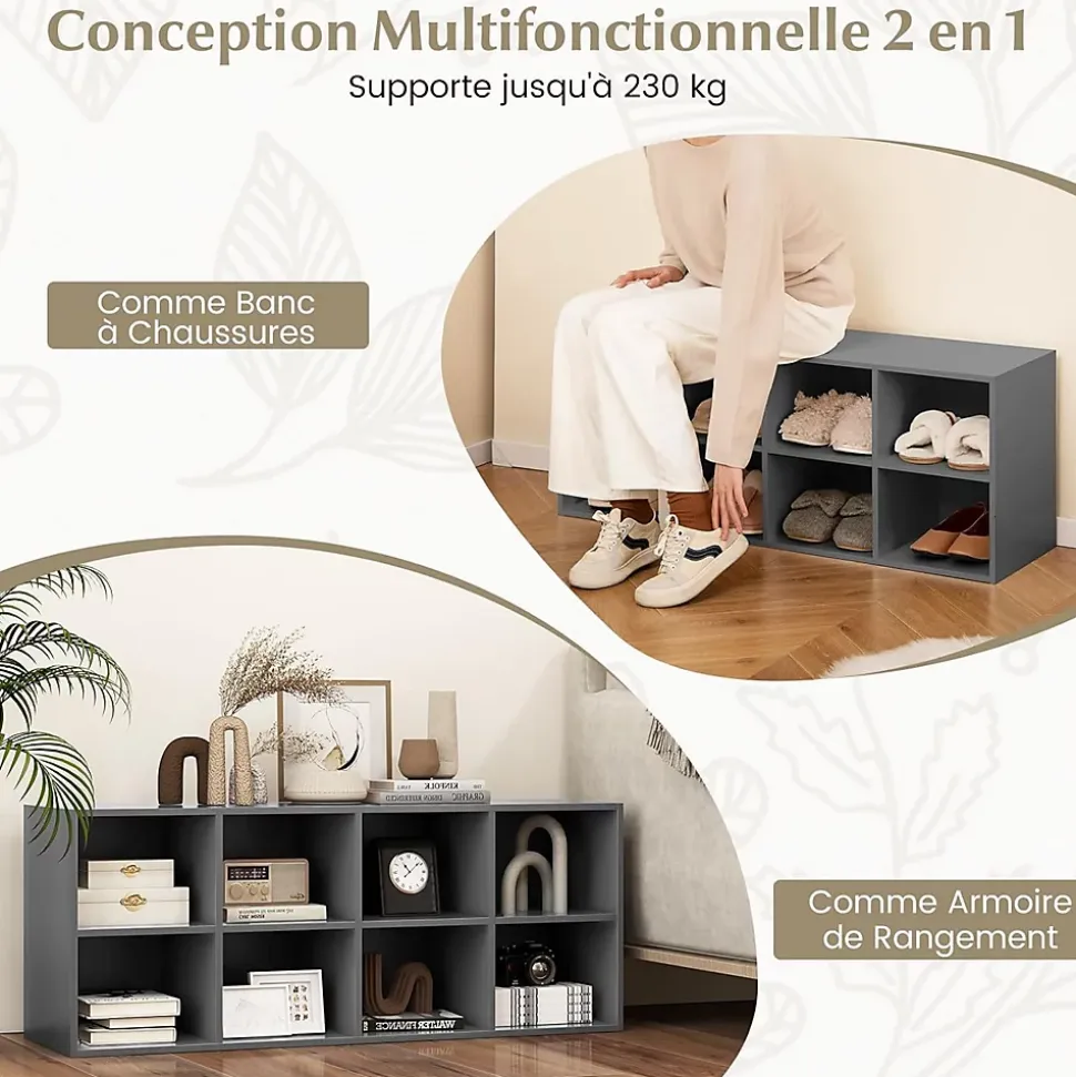 Banc de Rangement à Chaussures 8 Cases Banc Entrée à 3 Niveaux Organisateur de Chaussures Gris