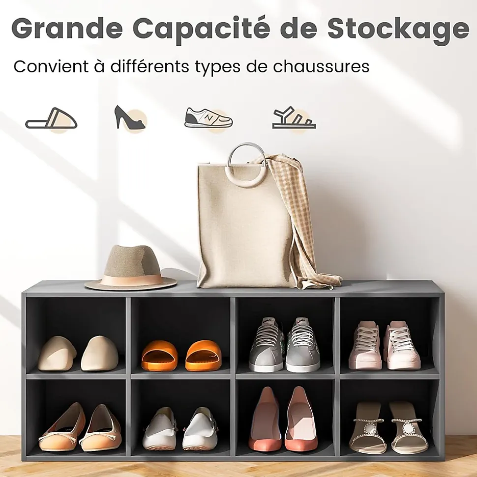 Banc de Rangement à Chaussures 8 Cases Banc Entrée à 3 Niveaux Organisateur de Chaussures Gris