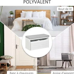 Banc de rangement avec coussin gris - meuble à chaussures - banc à chaussures avec grand tiroir double compartiment - MDF blanc