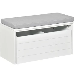 Banc de rangement avec coussin gris - meuble à chaussures - banc à chaussures avec grand tiroir double compartiment - MDF blanc