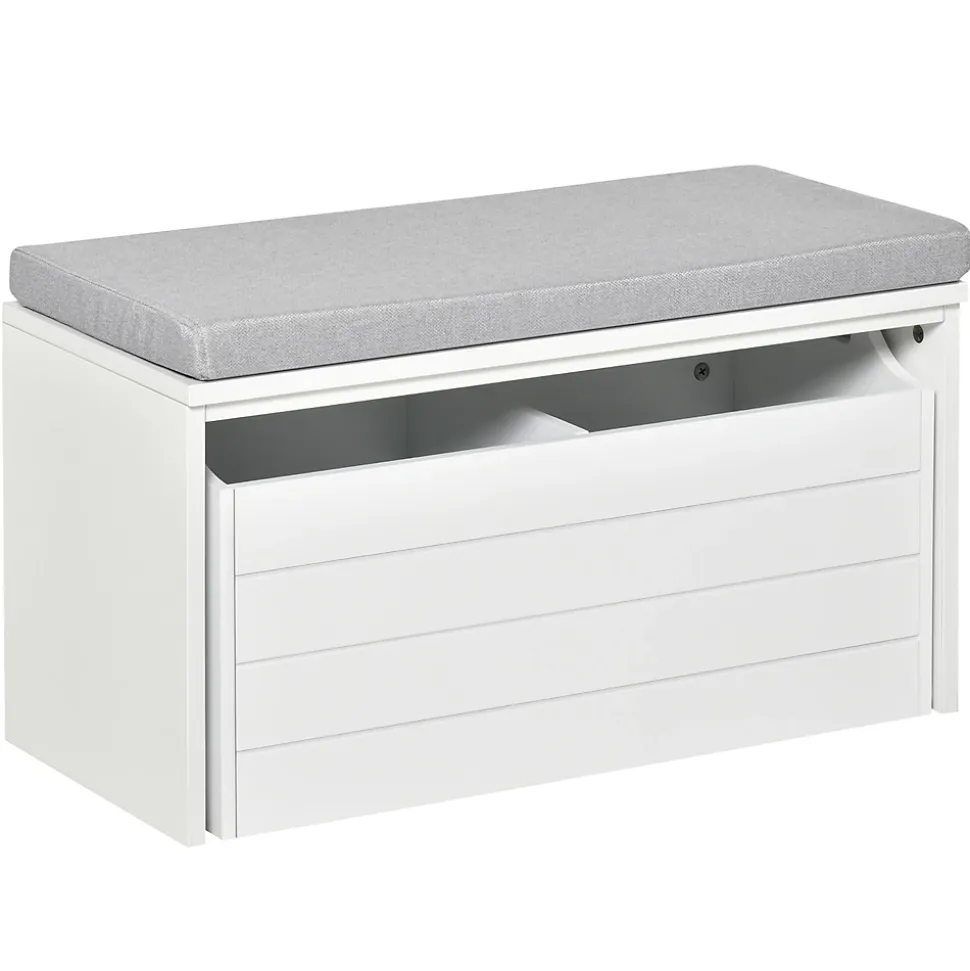 Banc de rangement avec coussin gris - meuble à chaussures - banc à chaussures avec grand tiroir double compartiment - MDF blanc