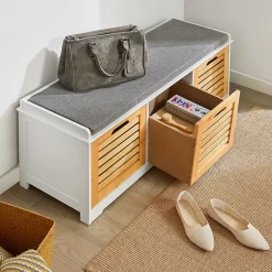 Banc de Rangement en Bois 3 Tiroirs + Coussin Meuble Commode Salon Salle à Manger Chambre Beige et Blanc