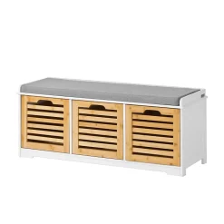 Banc de Rangement en Bois 3 Tiroirs + Coussin Meuble Commode Salon Salle à Manger Chambre Beige et Blanc