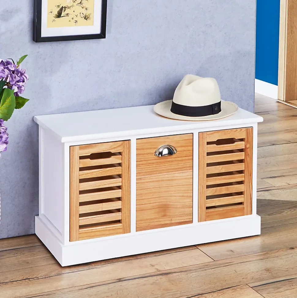 Banc de rangement TRIENT, 3 caisses, blanc et finition bois naturel
