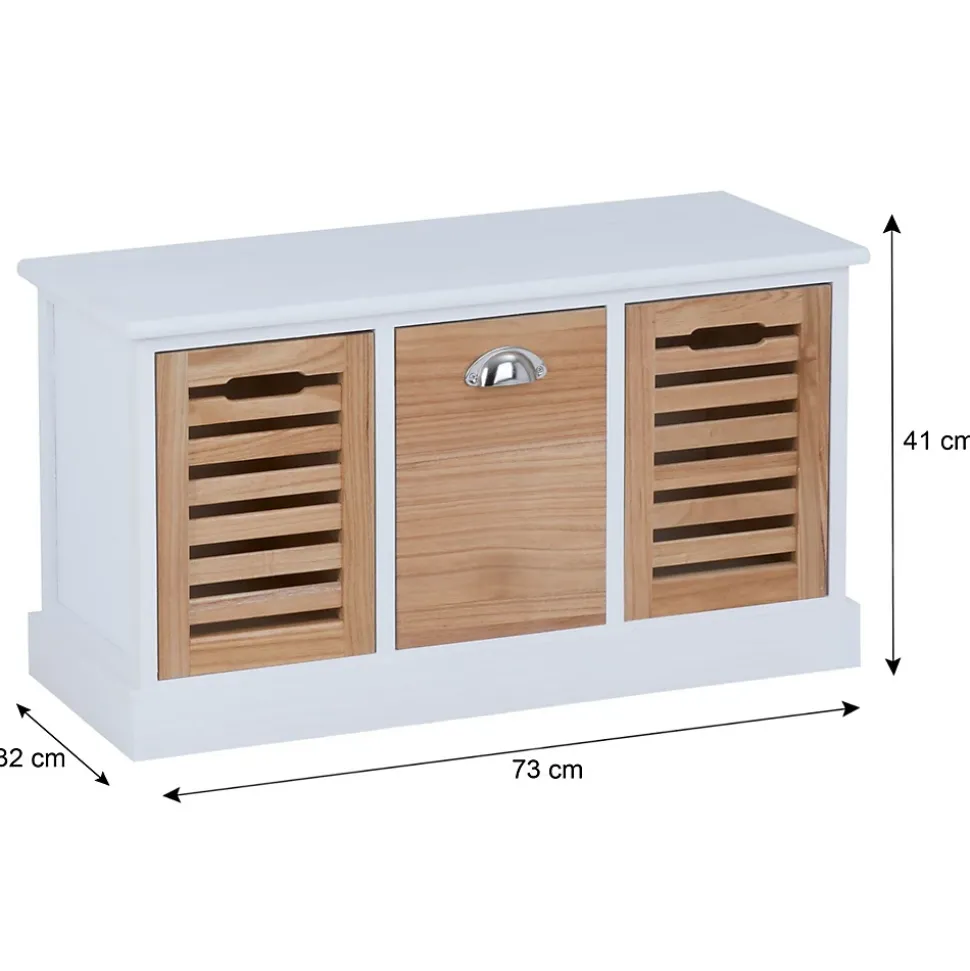 Banc de rangement TRIENT, 3 caisses, blanc et finition bois naturel