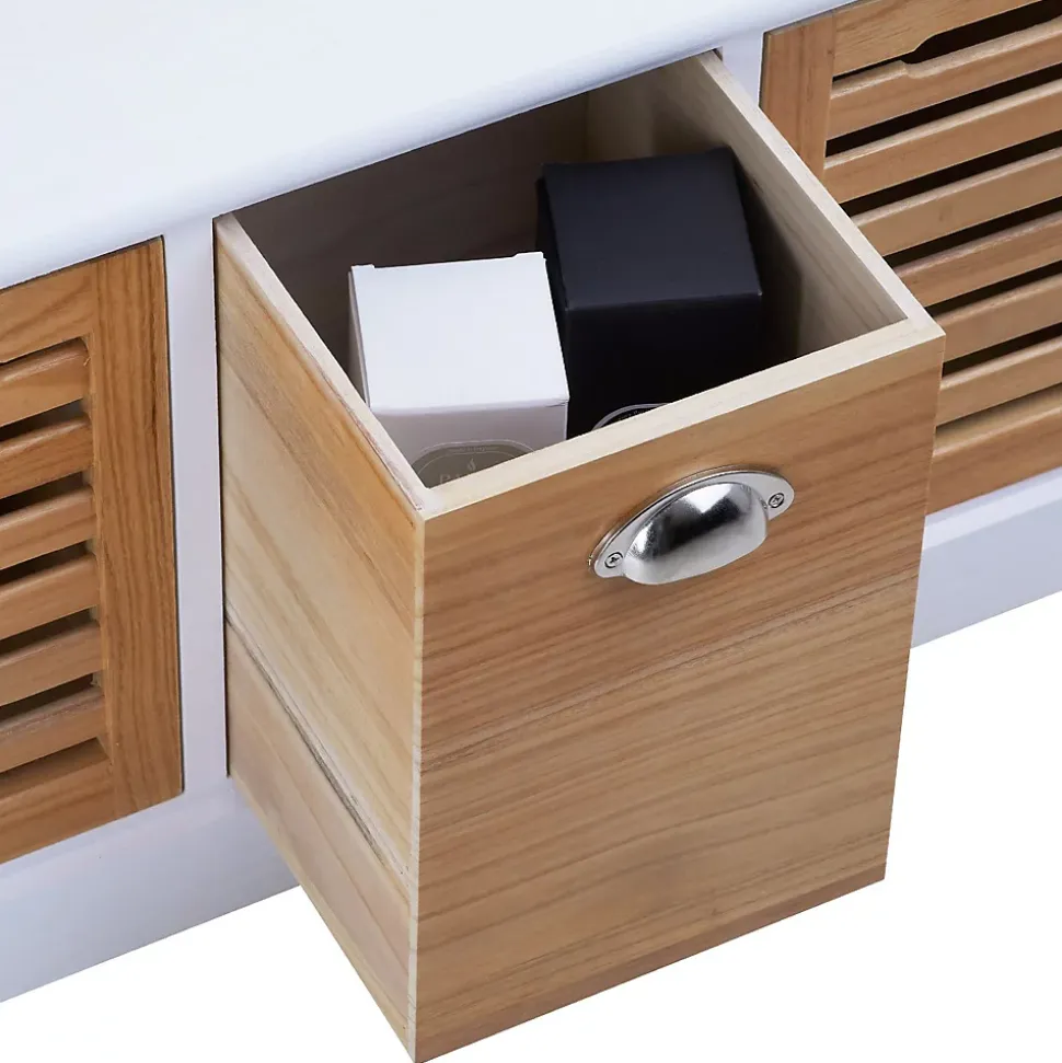 Banc de rangement TRIENT, 3 caisses, blanc et finition bois naturel